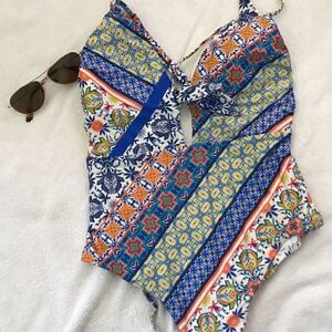 NWT Nanette Lepore Patchwork Goddess one piece swimsuit with key hole front open
